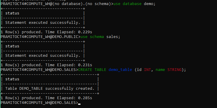 Creating a new table 'demo_table' with columns 'id' and 'name' in SnowSQL