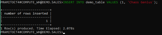 Inserting data into 'demo_table' in SnowSQL with some values - SnowSQL