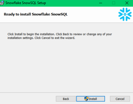 Reviewing summary on Ready to Install screen -SnowSQL