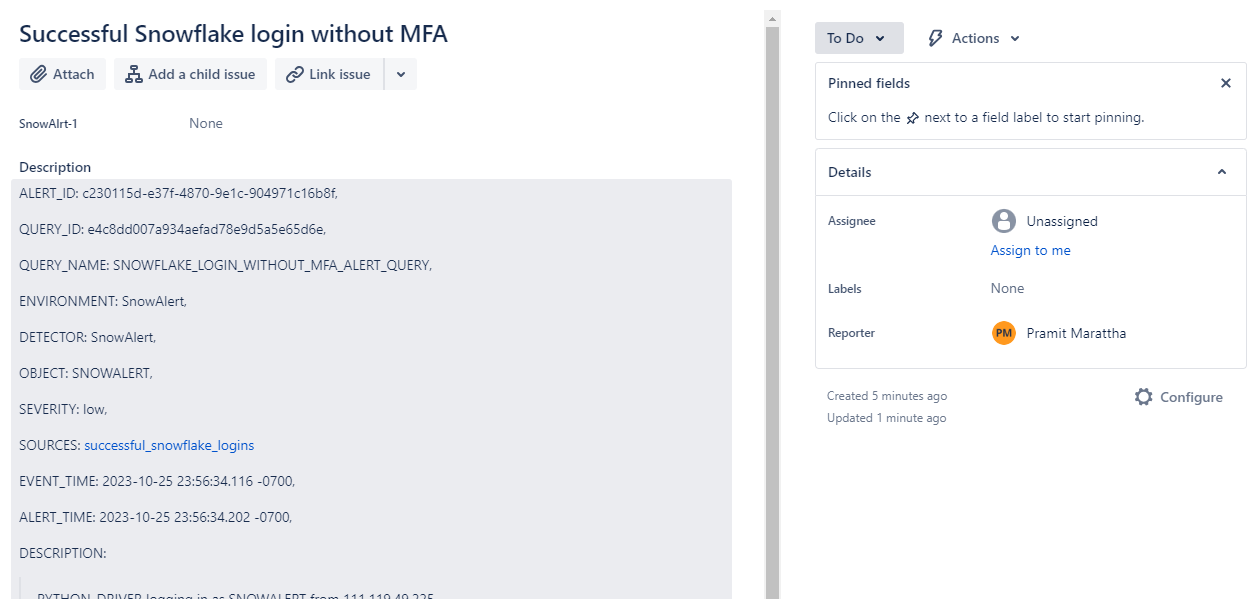 Creating a ticket in the Jira project for the alert - Snowalert