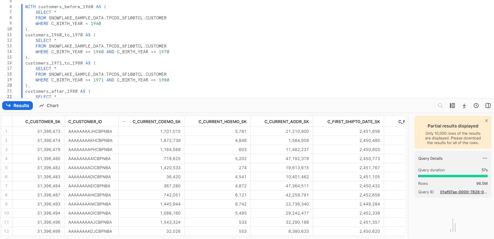 Retrieving customers grouped by birth year ranges using CTEs with direct table reference - Snowflake CTE - Snowflake Common Table Expression