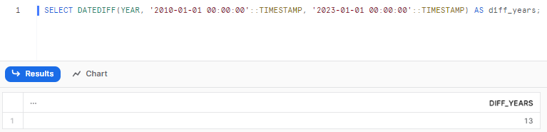 Determining years between '2010-01-01' and '2023-01-01' - Snowflake DATEDIFF