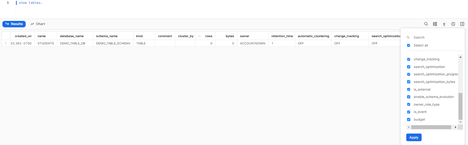 Showing tables created using the Snowflake CREATE TABLE command - Snowflake CREATE TABLE - Create Table Snowflake - Create Table Snowflake