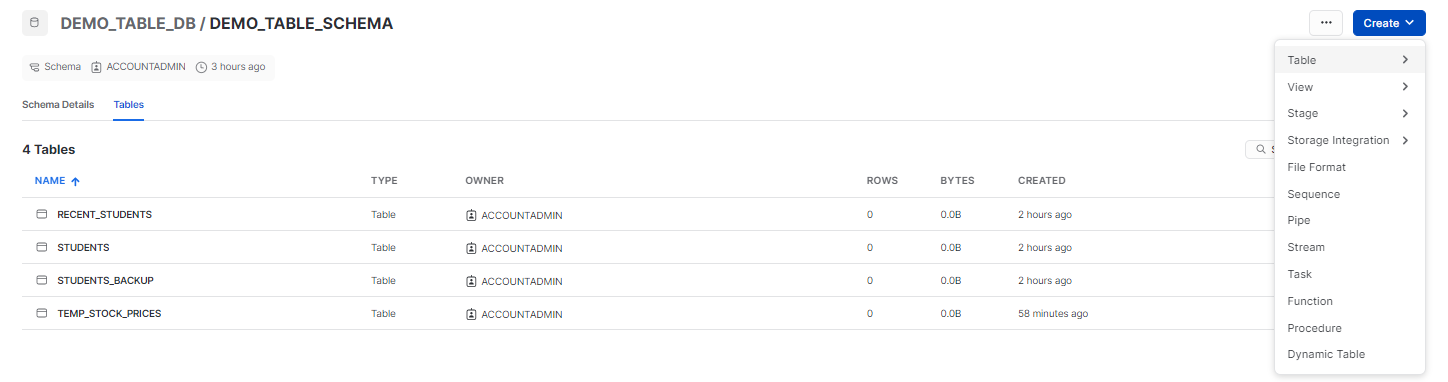 Clicking the “Create” Dropdown option - Snowflake CREATE TABLE - Create Table Snowflake - Create Table Snowflake