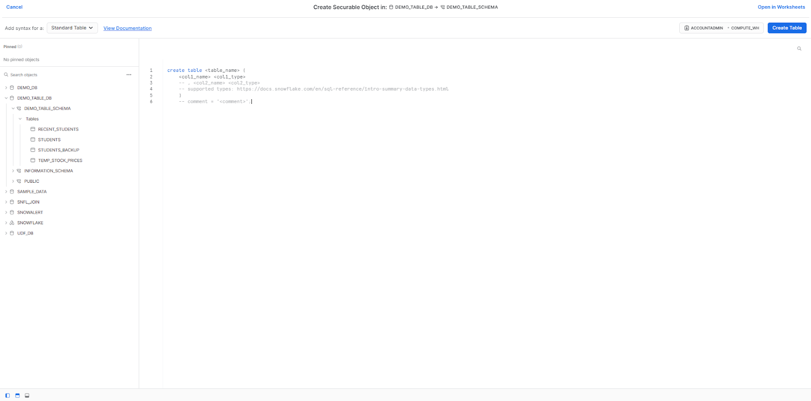 Defining table details using Snowflake CREATE TABLE command - Snowflake CREATE TABLE - Create Table Snowflake - Create Table Snowflake