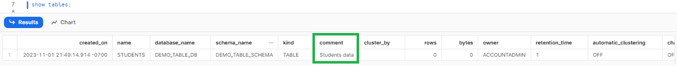 Adding a comment to the table created using the Snowflake CREATE TABLE command - Snowflake CREATE TABLE - Create Table Snowflake - Create Table Snowflake