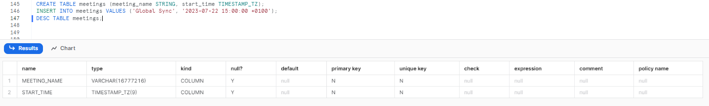 Creating a table with TIMESTAMP snowflake data type