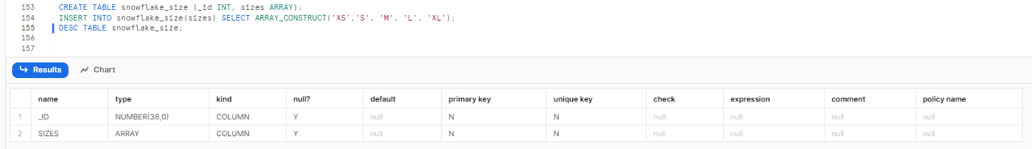 Creating a table with ARRAY snowflake data type