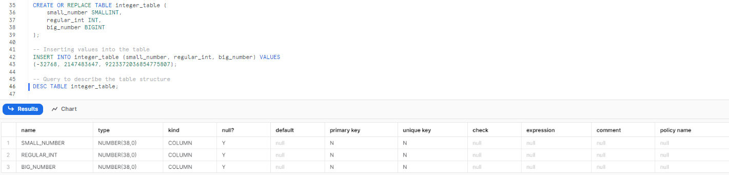 Creating a table with integer snowflake data type - data type in Snowflake