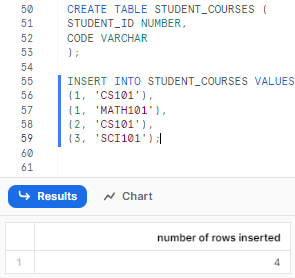 Creating STUDENT_COURSES table and inserting dummy data - Snowflake QUALIFY