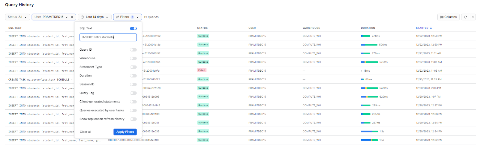 Using Snowsight to check if data was inserted- Snowflake INSERT INTO