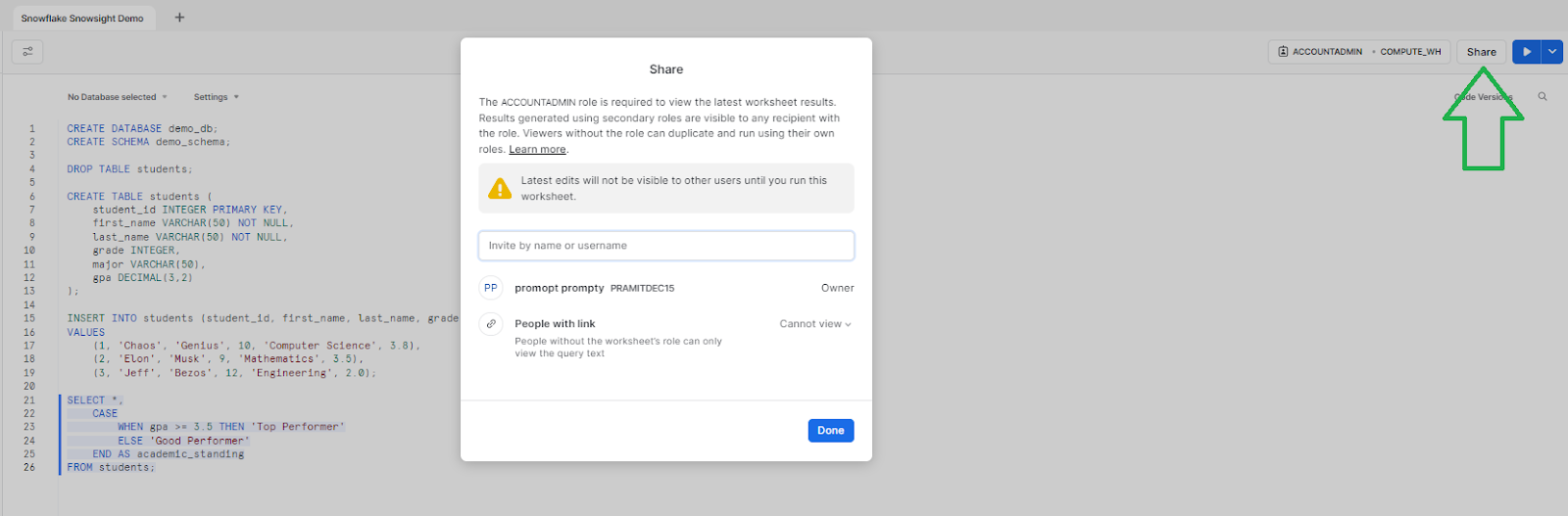 Sharing worksheet in Snowflake Snowsight
