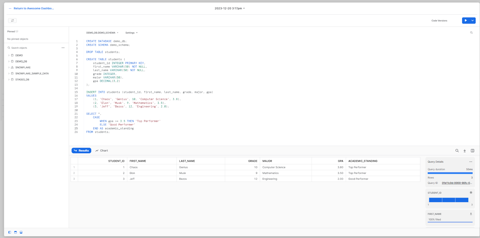 Creating Dashboard from Worksheet/query - Snowflake snowsight