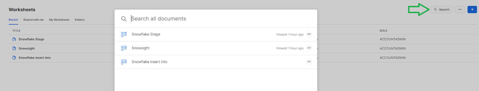 Using the search box to find a worksheet by name or description - Snowflake Snowsight