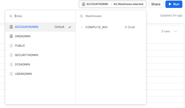 Warehouse selector option in Snowflake Snowsight