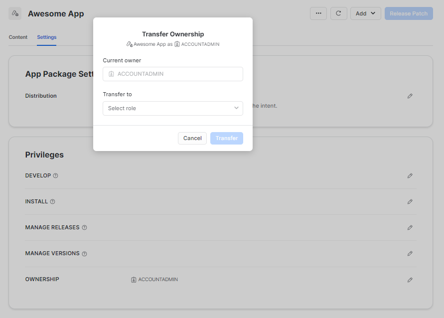 Granting Privileges on App and Transferring Ownership - Snowflake Snowsight