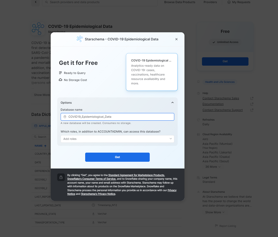 Searching and accessing the dataset in Snowflake Snowsight marketplace