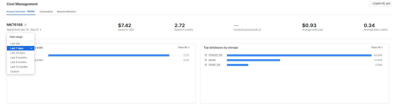 Viewing and Monitoring usage, warehouse consumption and resource monitor - Snowflake Snowsight