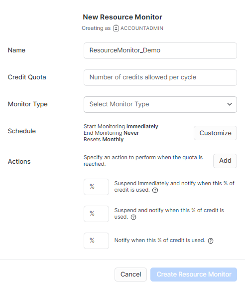 New Resource Monitor configuration - Snowflake Snowsight