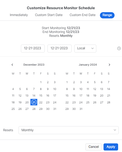 Customize Resource Monitor schedule - Snowflake Snowsight