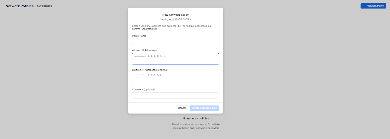 Managing security and network policies in Snowflake Snowsight