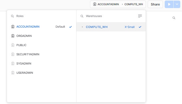 Clicking on the Warehouse drop-down menu - Snowflake Snowsight