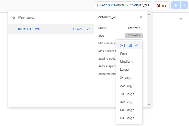 Resizing a warehouse size - Snowflake Snowsight