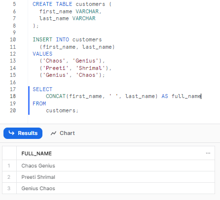 Generating full names using Snowflake CONCAT function