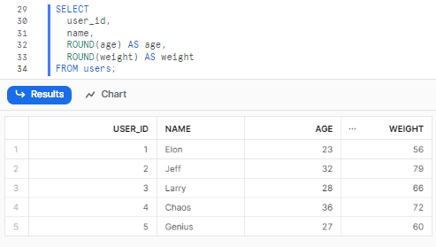 Using Snowflake ROUND to round the age and weight to the nearest integer