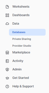 Admin section and Database dropdown - Snowflake stages