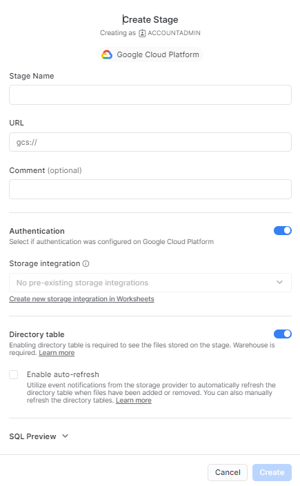 Creating Snowflake External Stages for Google Cloud Platform using Snowsight - Snowflake stage
