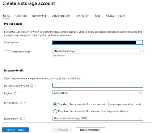 Entering subscription, resource group, name - Snowflake stages