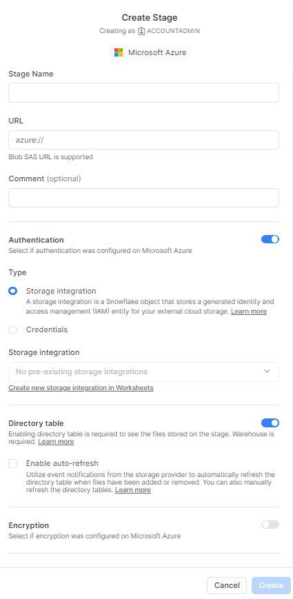 Creating Snowflake External Stages for Microsoft Azure using Snowsight - Snowflake stages