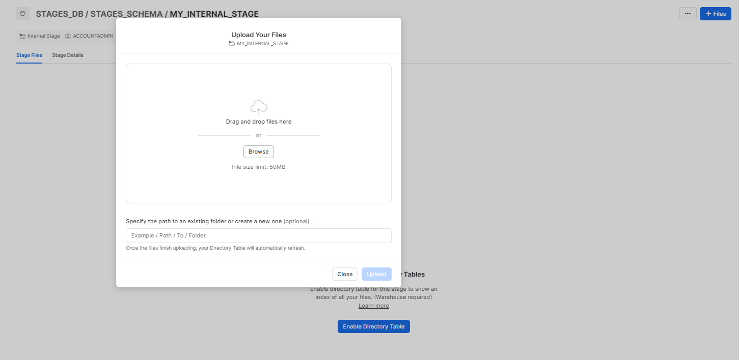 Clicking on the “+Files” button to upload files - snowflake stages 