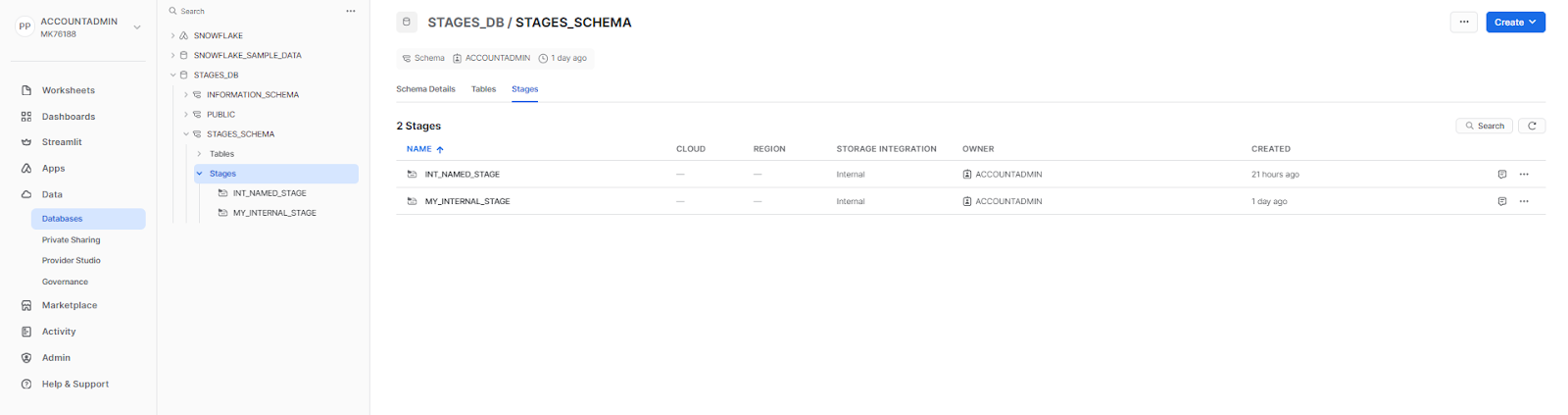 Navigating to Snowflake Internal named stage