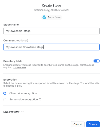 Adding comments while creating Snowflake stages using Snowsight