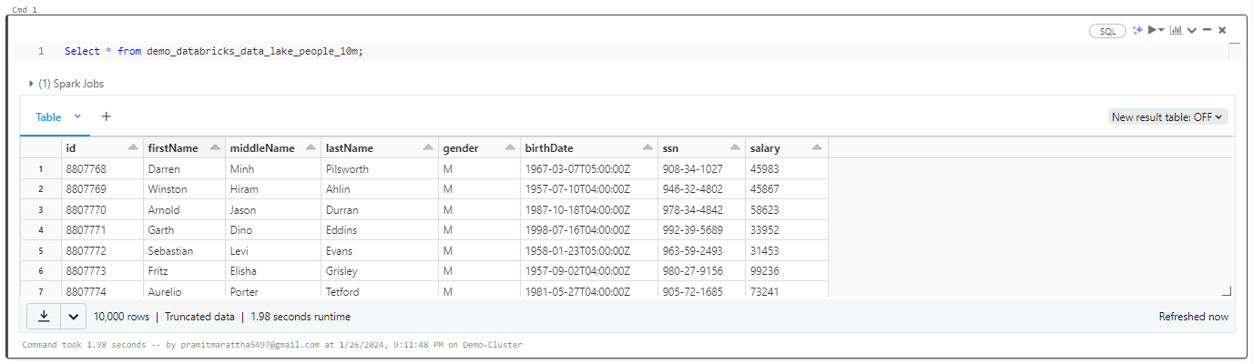 Selecting All the Record - Databricks Data Lake  - Databricks Delta Table 