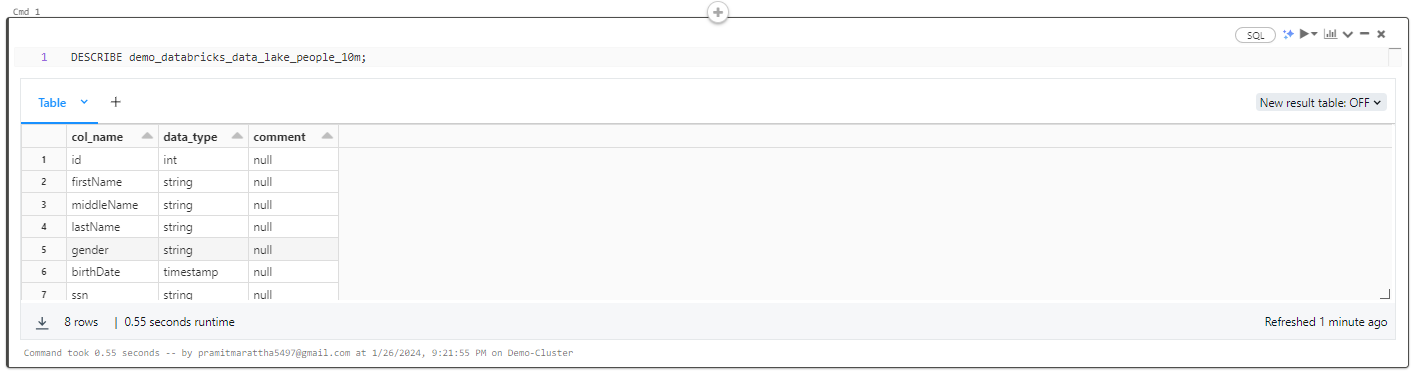 Using DESCRIBE to retrieve metadata information about a table's structure - Databricks Data Lake