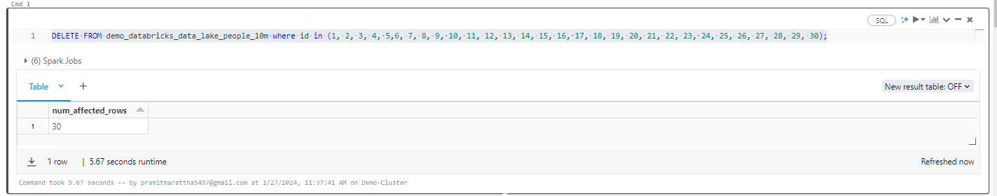 Delete 30 records from demo_databricks_data_lake_people_10m databricks Delta Table - Databricks Delta Lake