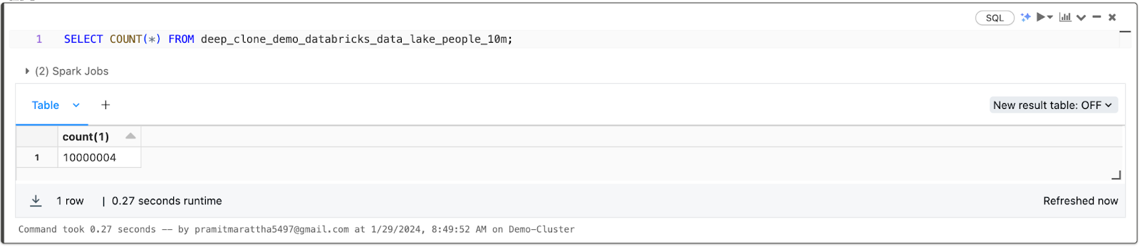 Counting the number of records present in the Deep-cloned Databricks Delta Table - Databricks Delta Lake.