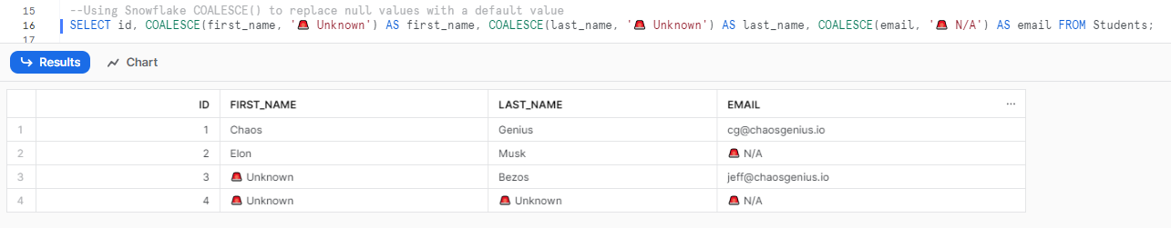 Using Snowflake COALESCE() to replace null values with a default value