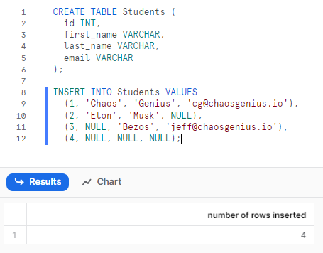 Creating Students table and inserting dummy data - Snowflake COALESCE