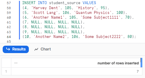 Inserting some dummy data into student_source table - Snowflake MERGE statement