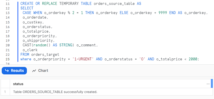 Creating a table called orders_source_table and inserting data from orders_target table into it - Snowflake MERGE statement