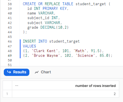 Creating a table called students_target and inserting some dummy data into it - Snowflake MERGE statement