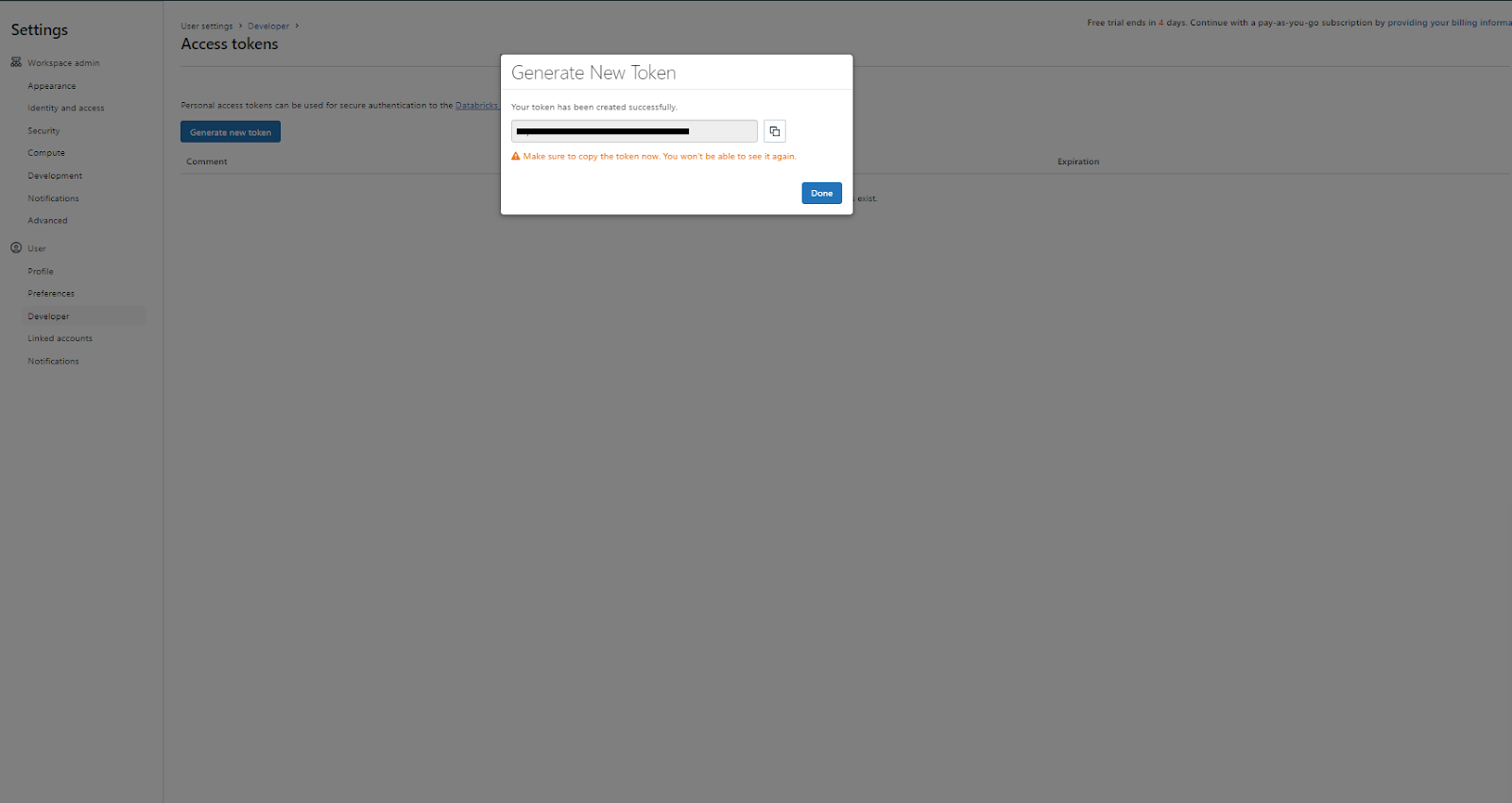 Generating access tokens - Databricks CLI