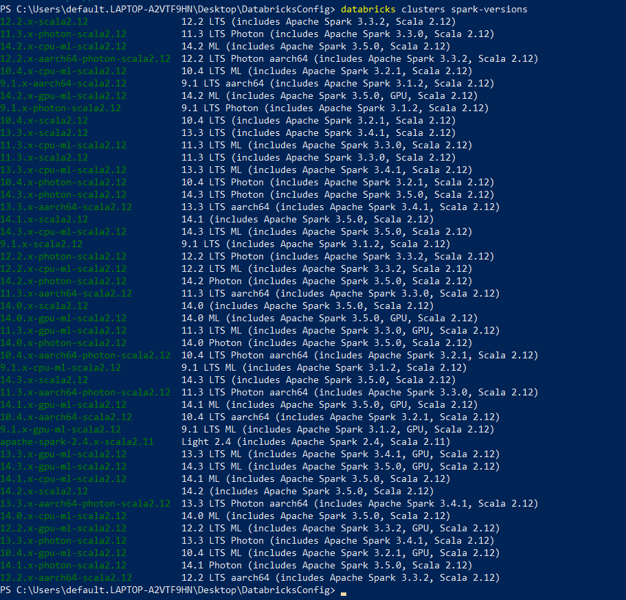 Listing all Databricks Runtime versions for the Databricks workspace associated with DEFAULT profile - Databricks CLI