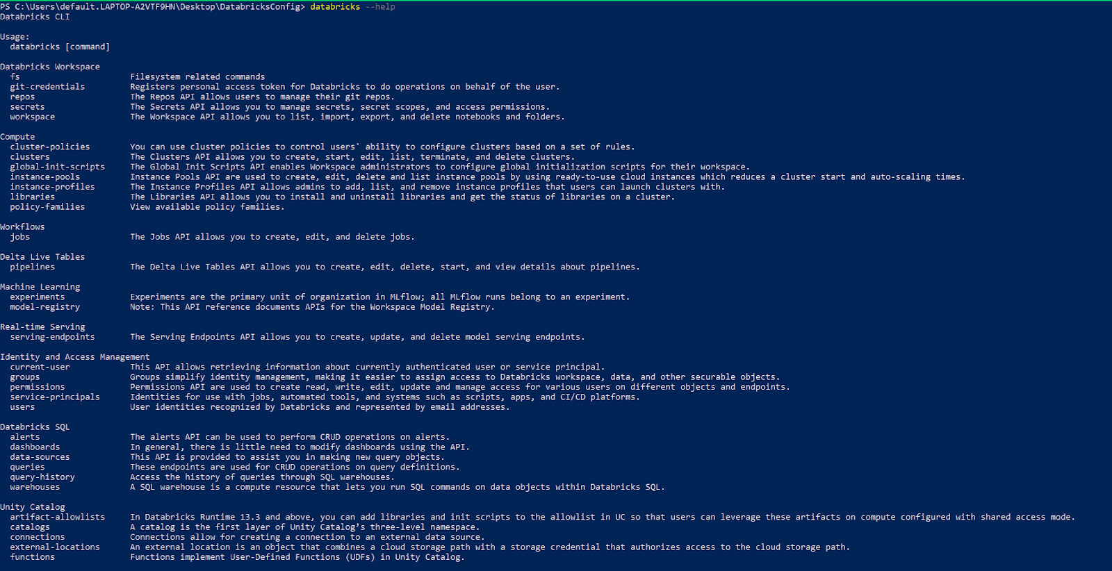 Listing all Databricks CLI commands