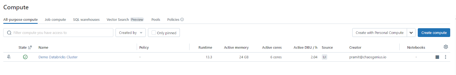 Viewing Databricks Cluster