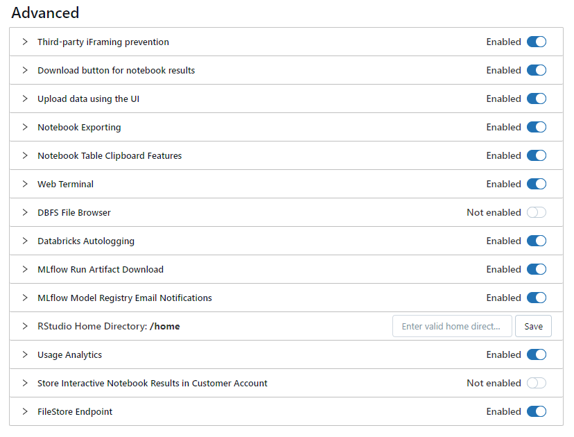 Scrolling down to Advance section of Databricks workspace settings - Databricks DBFS - Databricks File System